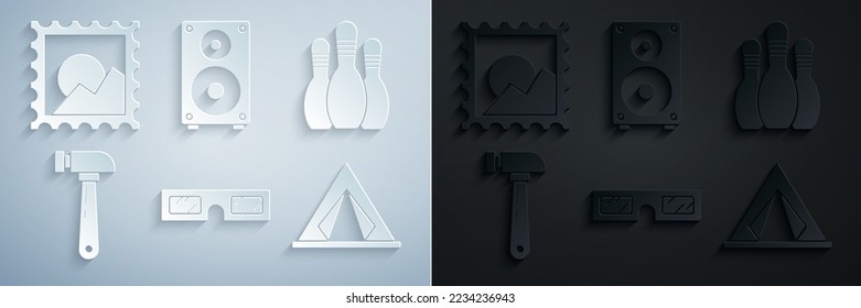 Set 3D-Kinogläser, Bowlingstift, Hammer, Touristenzelt, Stereo-Lautsprecher und Bild-Landschaft Symbol. Vektorgrafik