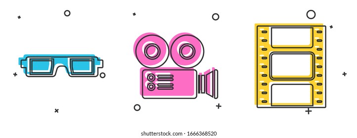 Set 3D cinema glasses , Cinema camera  and Play Video  icon. Vector