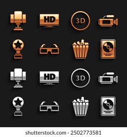 Conjunto de gafas de cine 3D, cámara de cine, marco de premio de disco CD, caja de palomitas de maíz, trofeo de película, palabra, silla de película de director y pantalla inteligente con icono HD Video. Vector