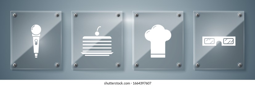 Set 3D cinema glasses, Chef hat, Cake and Microphone. Square glass panels. Vector