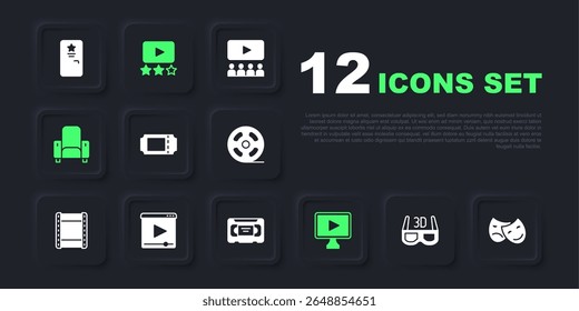 Defina óculos de cinema 3D, Comédia e máscaras de tragédia, Bilhete de cinema, Vídeo de reprodução online, cadeira, Filme de classificação e ícone de fita cassete VHS. Vetor