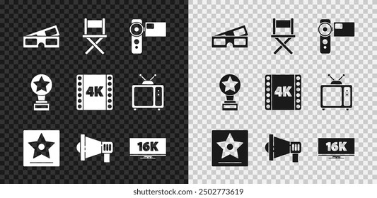 Set 3D cinema glasses, Director movie chair, Cinema camera, Hollywood walk of fame star, Megaphone, Screen tv with 16k, Movie trophy and 4k movie, tape, frame icon. Vector