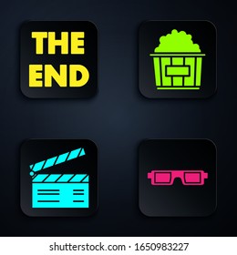 Set 3D cinema glasses , The End handwritten inscription , Movie clapper  and Popcorn in cardboard box . Black square button. Vector
