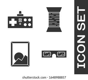 Set 3D cinema glasses, Gamepad, Picture landscape and Sewing thread on spool icon. Vector