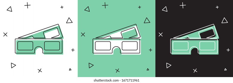 Coloque un icono de lentes de cine 3D aislado en fondo blanco y verde y negro.  Ilustración vectorial