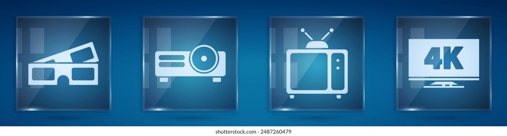Set 3D cinema glasses, Movie, film, media projector, Retro tv and Screen tv with 4k. Square glass panels. Vector