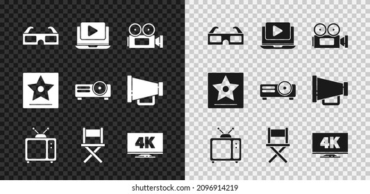 Set 3D cinema glasses, Online play video, Cinema camera, Retro tv, Director movie chair, Screen with 4k, Hollywood walk of fame star and Movie, film, media projector icon. Vector