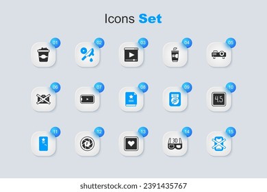 Set 3D cinema glasses, Online play video, Thriller movie, Backstage, No cell phone, Rating, Popcorn cardboard box and Scenario icon. Vector