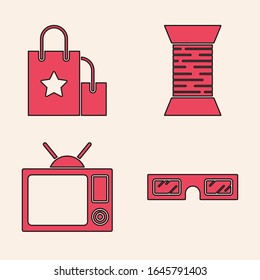 Ponga gafas de cine 3D, bolsa de compras de papel, hilo de coser en la piscina e icono de televisión. Vector