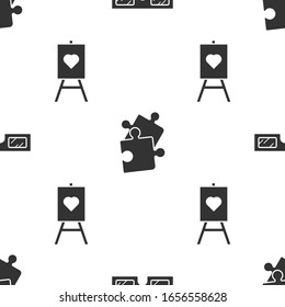 Set 3D cinema glasses, Piece of puzzle and Wood easel or painting art boards on seamless pattern. Vector
