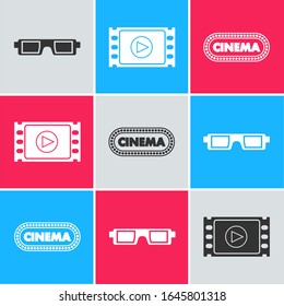 Set 3D cinema glasses , Play Video  and Cinema poster design template  icon. Vector