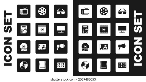 Set 3D cinema glasses, Play Video, Cinema poster, Retro tv, Smart Tv, Film reel, Megaphone and CD or DVD disk icon. Vector
