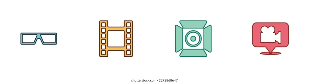 Set 3D cinema glasses, Play Video, Movie spotlight and Camera and location icon. Vector