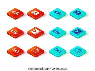 Set 3D cinema glasses, Retro tv, Cinema camera, Play Video, Laptop with star and  icon. Vector
