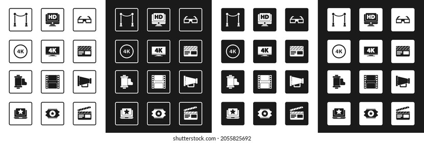 Set 3D cinema glasses, Screen tv with 4k, Ultra HD, Carpet barriers, Movie clapper, Monitor video, Megaphone and Camera vintage film roll cartridge icon. Vector