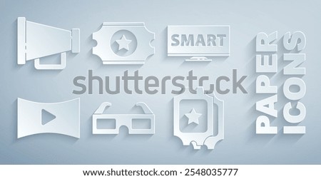 Set 3D cinema glasses, Screen tv with Smart video, Online play, Cinema ticket,  and Megaphone icon. Vector