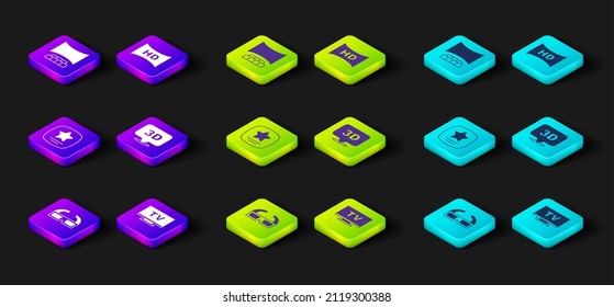 Set 3D cinema glasses, Smart Tv, Walk of fame star, word, Hd movie, tape, frame and Cinema auditorium with screen icon. Vector