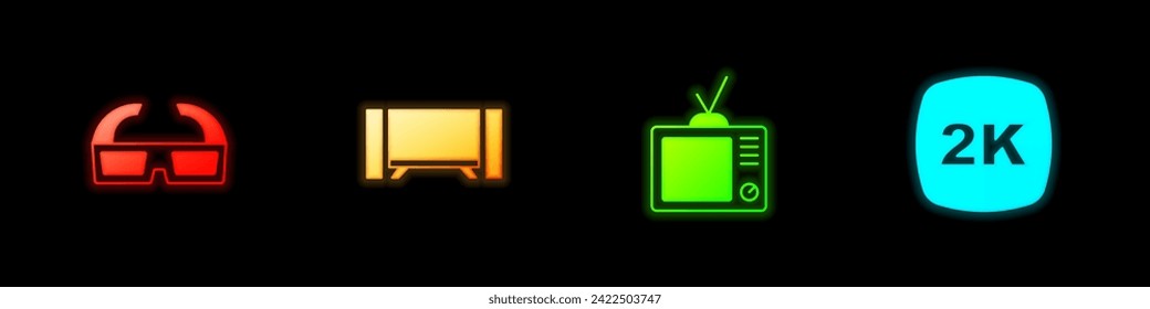 Set 3D cinema glasses, Smart Tv, Retro tv and 2k Ultra HD icon. Vector