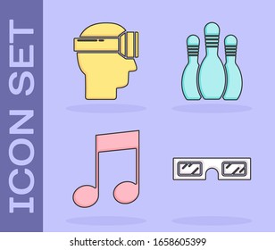 Set 3D cinema glasses, Virtual reality glasses, Music note, tone and Bowling pin icon. Vector