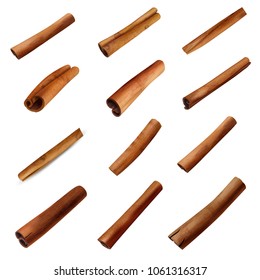 Set of 3d cinnamon sticks of brown color in roll shape isolated on white background vector illustration