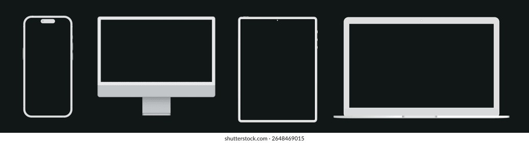 Conjunto de gadgets estilo argila 3D, incluindo um smartphone, monitor de desktop, tablet e laptop. Design macio, arredondado e divertido ideal para maquetes de IU, apresentações técnicas, promos de aplicativo