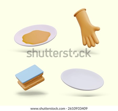 Set of 3D cleaning icons. Rubber glove, clean and dirty plate, sponge. Vector isolated objects in cartoon style. Templates for design of step by step washing dishes