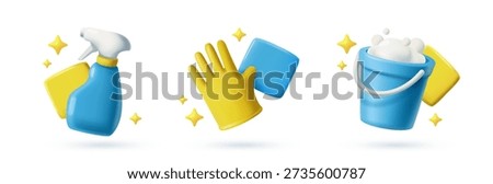 Set of 3D cleaning icons. Signs in plasticine style with gloves, detergents, bucket and rags for tidying. Professional cleaning service. Vector illustration collection isolated on background