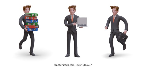 Set of 3D clerks in different poses. Man in business suit runs with stack of folders, shows laptop, rushes with briefcase. Workflow concept. Color dynamic illustrations for web design