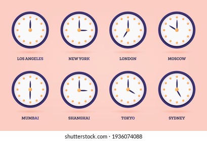 Set of 3D Clock for Different Time Zones and Cities. Vector Illustration.