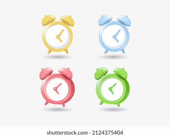 A set of 3d clock rendering icons in different colors blue, yellow, green, light blue. Suitable for the design of your advertising. Vector illustration isolated