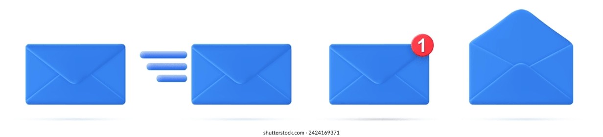 set 3d closed mail envelope icon with marker new message isolated on white background. Render email notification with letters, check mark. Vector illustration