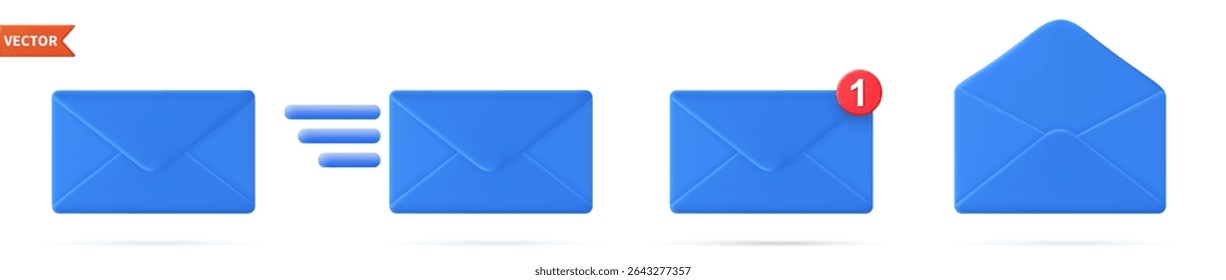 set 3d closed mail envelope icon with marker new message isolated on white background. Render email notification with letters, check mark. Vector illustration