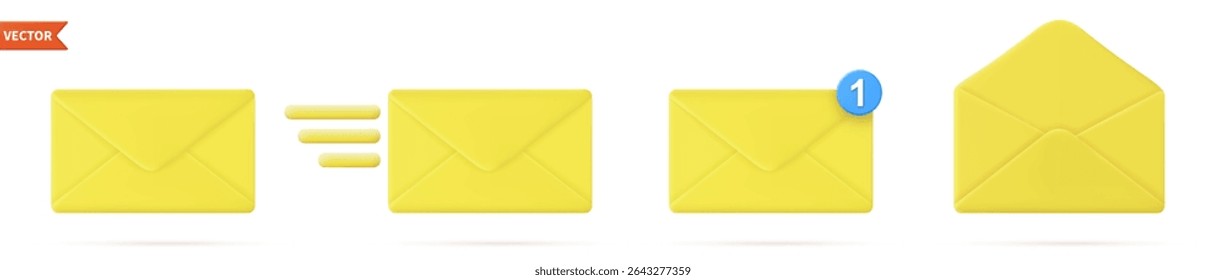 set 3d closed mail envelope icon with marker new message isolated on white background. Render email notification with letters, check mark. Vector illustration