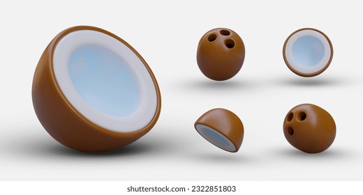 Set of 3D coconuts in cartoon style. Whole and half ripe coconuts. Brown tropical nuts, white center. Isolated vector images for cooking sites, apps with diet recipes svg