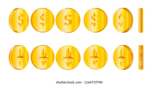 A set of 3D coins for animation. Coins with a dollar sign and coins with a sign of crypto-currency ethereum for animation.