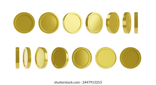 Set of 3d coins. Rotation gold coin in different angles for animations, games, video. Vector. Set of rotating golden coins on white isolated background. Realistic 3d icons of money