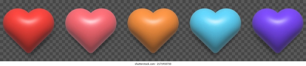 Conjunto de corazones de 3d color. Diseño para el Día de San Valentín, el Día de la Madre y otros feriados. Ilustración del vector aislada en fondo transparente
