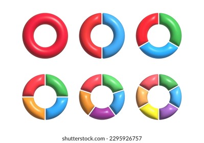 a set of 3d color pie charts for 1,2,3,4,5,6 steps or sections to illustrate a business plan, infographics, reporting