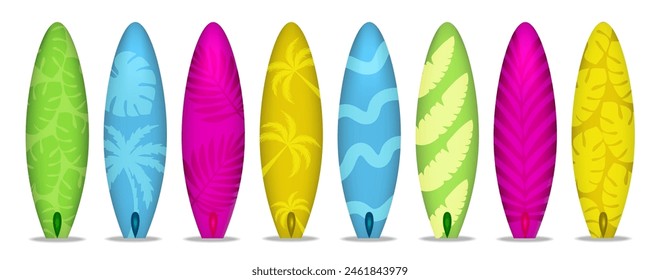 Set of 3D color surfboards on transparent background. Vector illustration. Sport and relax. sup surf 