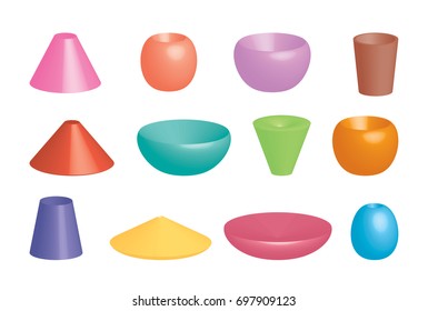 Set of 3d colored dishes, salad bowls and modern tapered lampshades. Elements isolated on transparent background. Vector template crockery.