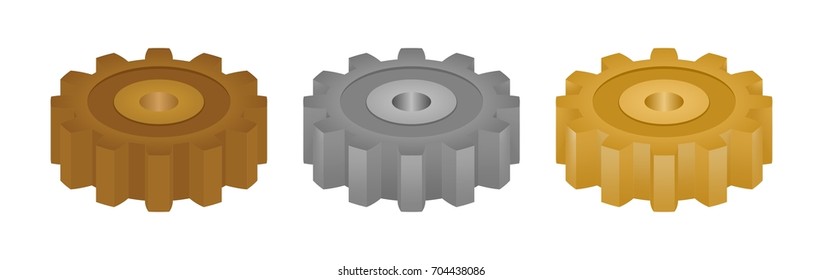 Set of 3D colored icon gears brown, silver and gold with hole in the center on a white background