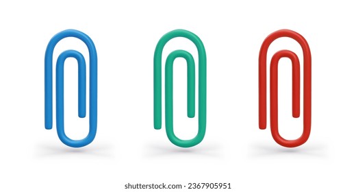 Conjunto de clips de papel de color 3D. Un clip azul, verde, rojo. Conservación cuidadosa de los documentos. Símbolo de información sobre herramientas. Ilustraciones para el diseño web. Objetos aislados con sombras