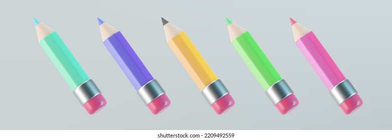 Conjunto de iconos de lápiz de 3d de color con borrador rosa aislado en fondo gris. Lápiz para educación, escritura o dibujo. 3.ª ilustración vectorial simple de dibujos animados