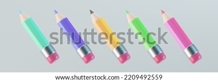 Set of 3d colored pencil icons with pink eraser isolated on gray background. Render pencil for education, writing or drawing concept. 3d cartoon simple vector illustration