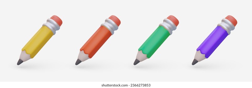 Set of 3D colored pencils. School supplies. Artist tools. Icons for site, game, application. Isolated vector objects. Crayon collection. Illustrations in cartoon style