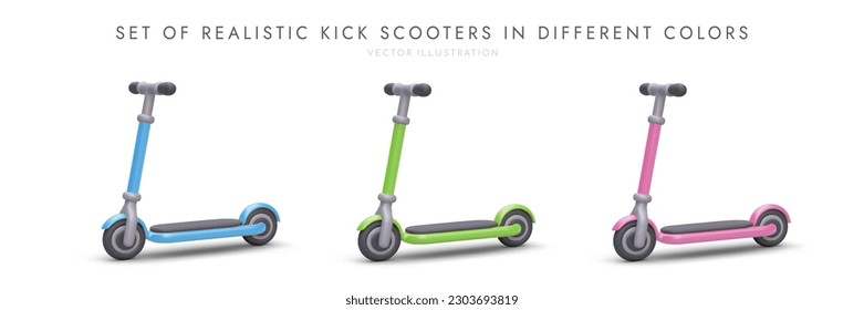 Set of 3D colored scooters. Realistic image of personal transport for adults and children. Images for advertising healthy lifestyle, caring for environment