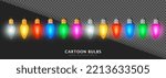 Set of 3d colorful Christmas garland lights. Glowing cyan, pink, green, red, yellow and blue bulbs with golden and silver metal. Realistic multicolored Xmas Garland lamps on transparent background