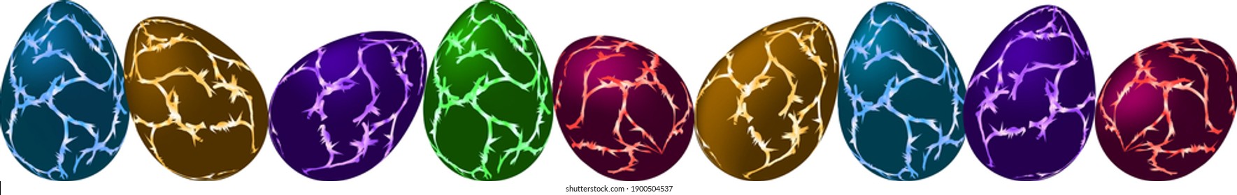 set of 3d colorful eggs in a row for the Easter holiday, the egg is decorated in cracks 