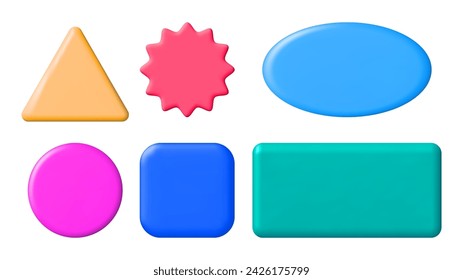 Set von 3D Bunte glänzende Abzeichen. Quadratisch, rechteckig, rund, oval, dreieckig. Banner-leere Textfeldvorlagen. Plastic Render Buttons Collection für Web und Apps. Vektorgrafik