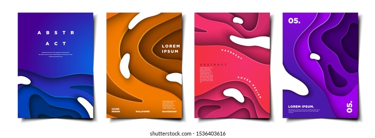 Set of 3d colorful gradient fluid papercut style cover design, trendy banner, brochure, poster template collection
